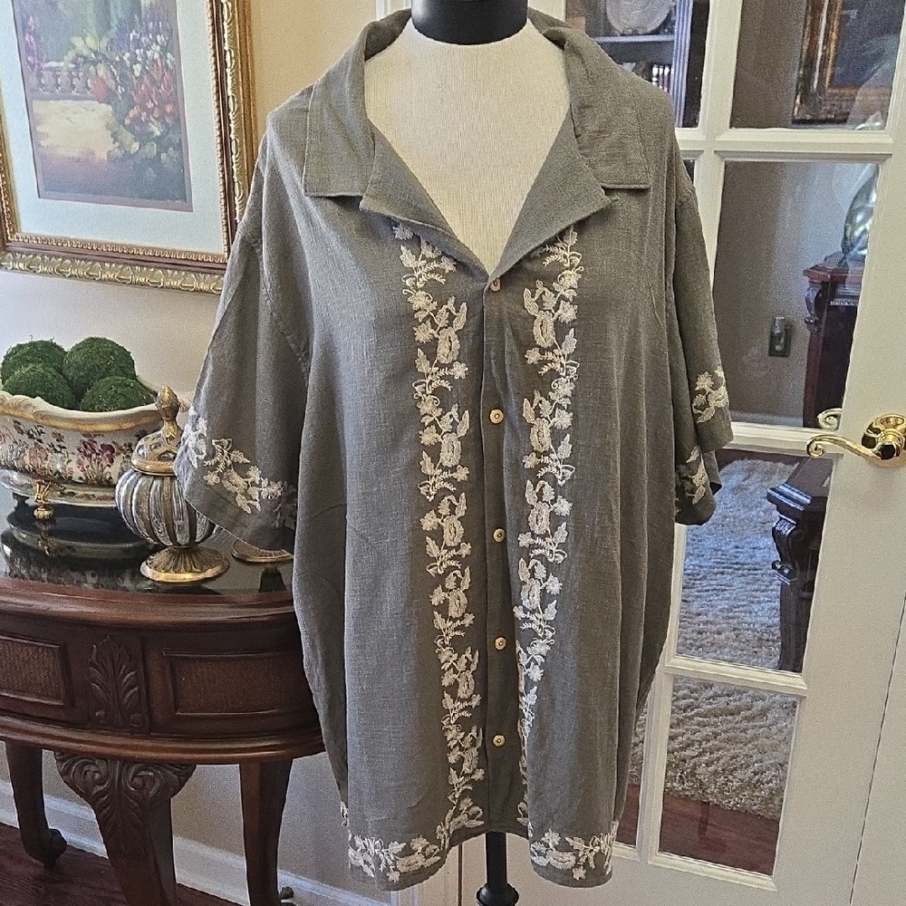 Lucky Brand OliveGreen Shirt Embroidered White Flowers Short Slv Button 3XL EUC